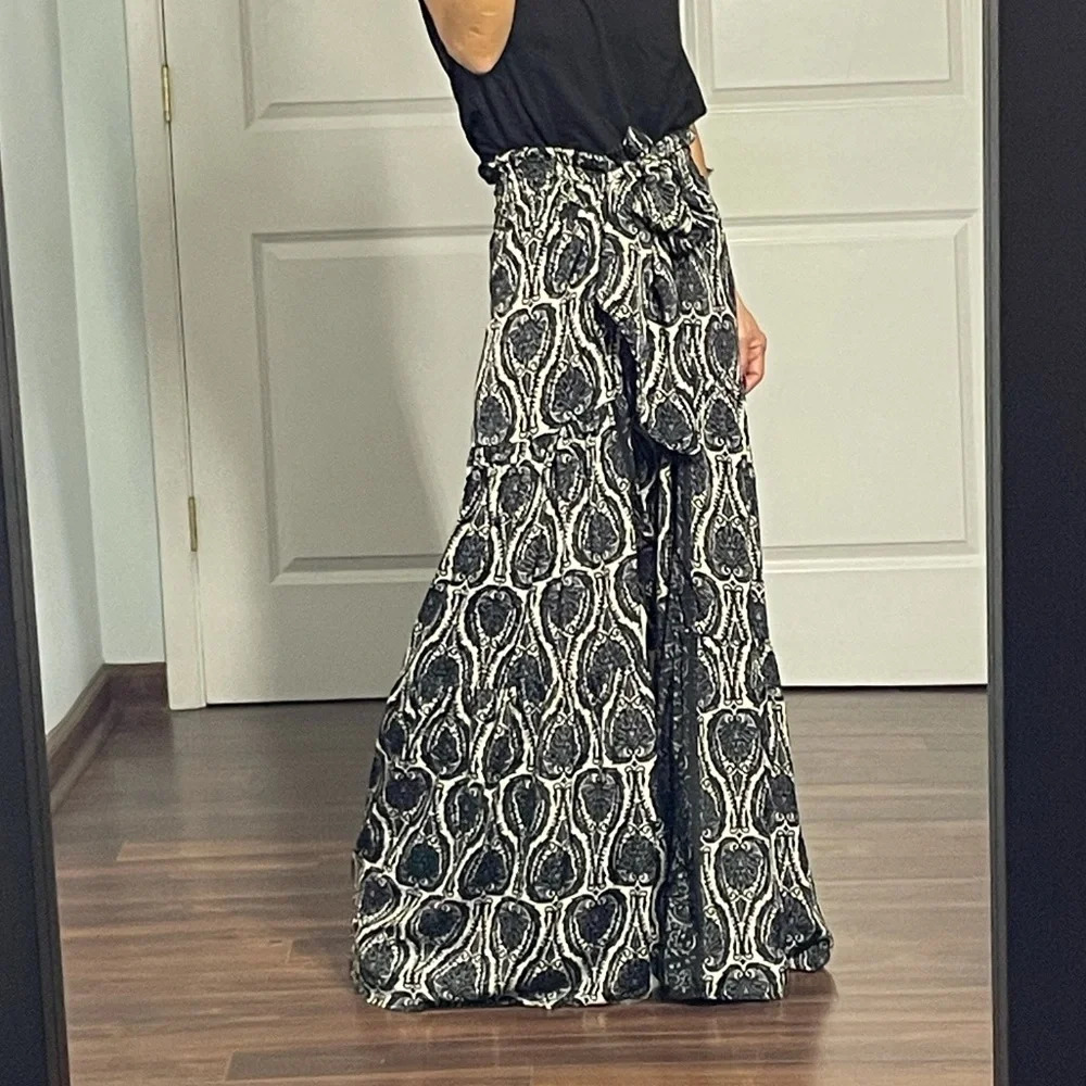 Elan Black Paisley Wide Leg Self Tie Pants size S - Picture 2 of 13
